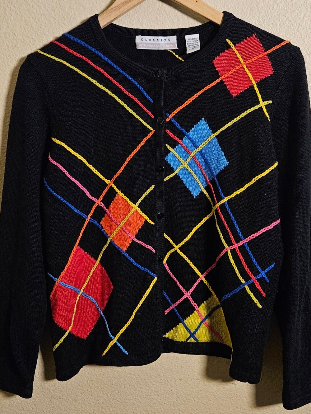 VINTAGE 90'S EMBROIDED ARGYLE CARDIGAN ,PERFECT OVER A WHITE TEE AND JEANS